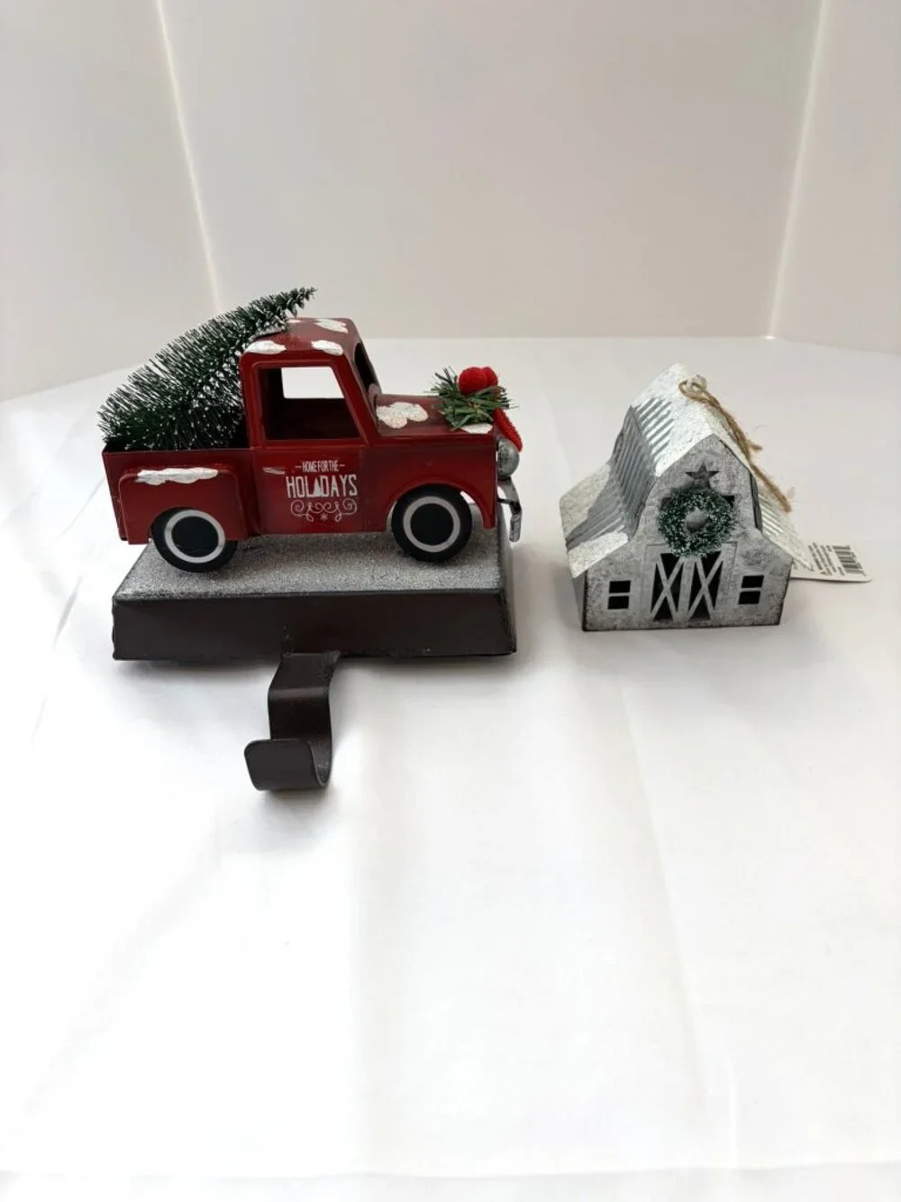 Rustic Christmas Red Truck Stocking Holder & Barn Ornament Farmhouse Holiday